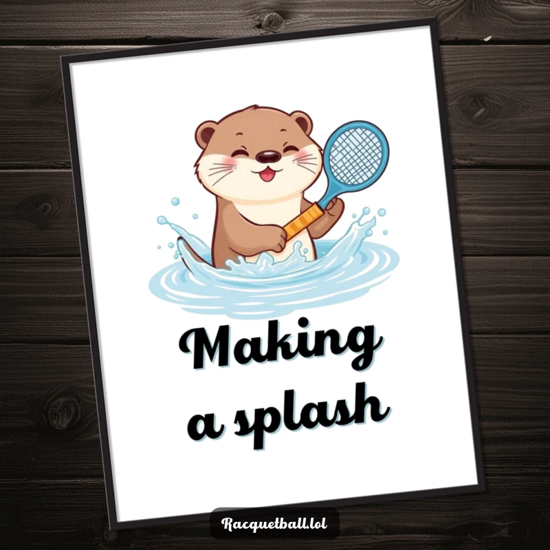 Funny otter tennis digital art print, a playful animal splashing water with a miniature racquet, capturing aquatic fun and charming energy.