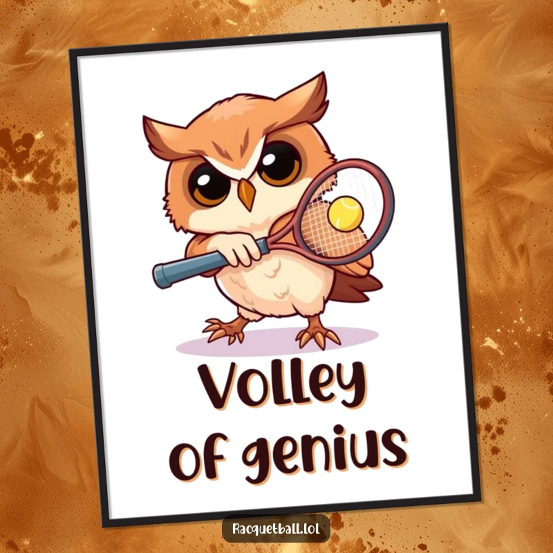 Funny owl tennis digital art print of a determined owl playing racquetball, perfect for digital display or printing, a motivational funny gift.