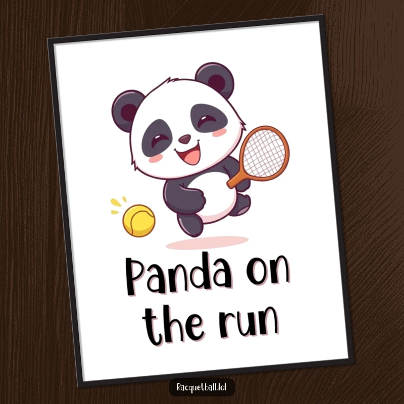 Funny Digital Art Print: Giggling panda character happily chasing a runaway racquetball, vibrant humorous action illustration.