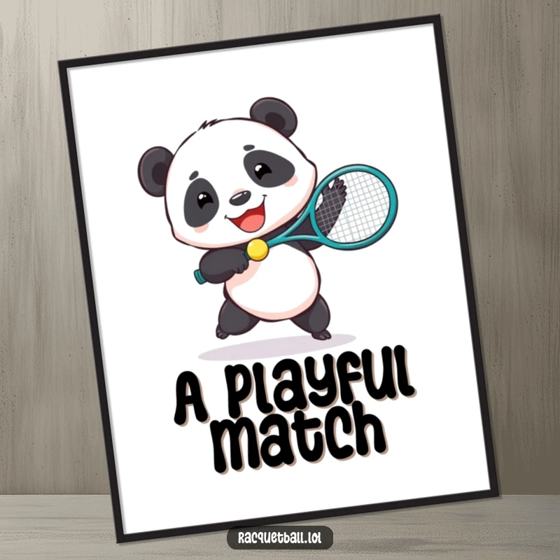 Funny digital art print of a joyful panda playing tennis with an oversized racquet, symbolizing fun.