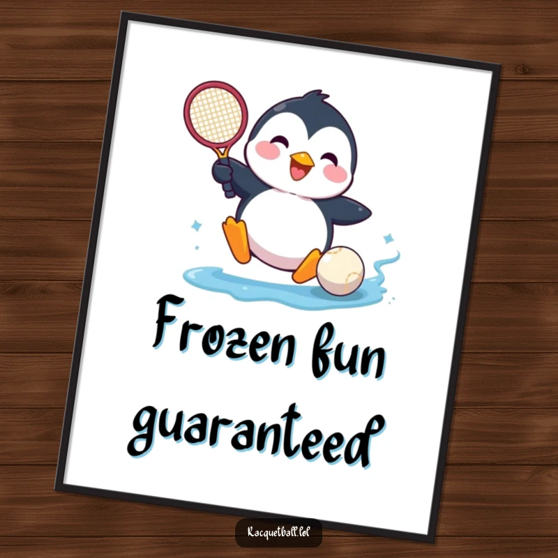 Funny digital art print of a happy penguin comically sliding into a tennis ball, ready to add athletic humor to any room.