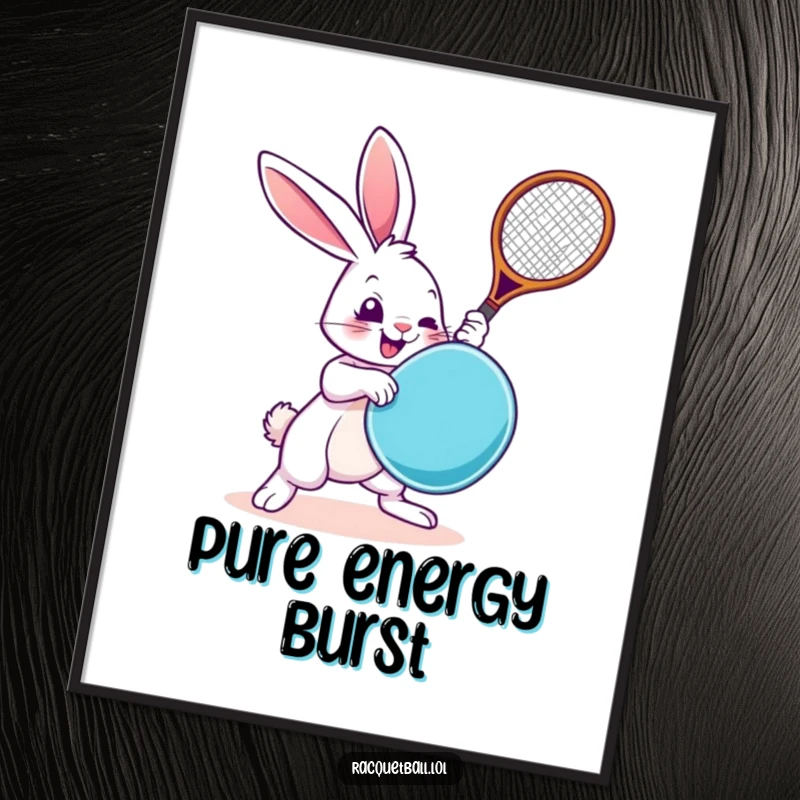Funny Rabbit Digital Art: High-resolution printable art of a rabbit in an exaggerated racquetball swing, full of playful energy.