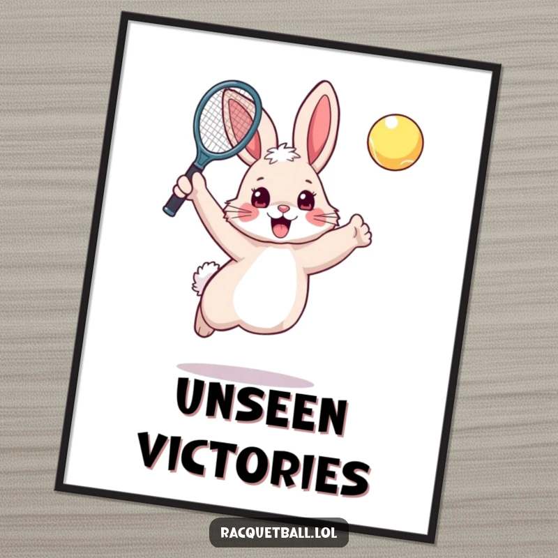 Funny rabbit tennis digital art print of a fluffy, excited bunny leaping high with a tennis racquet.