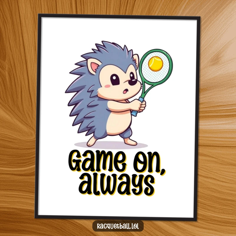 Determined hedgehog swinging a tennis racquet to hit a bright ball upwards, presented as a lively digital art print.