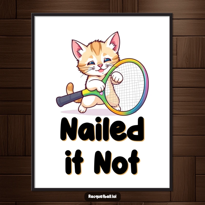 Funny kitten tennis digital art print of a cute cat comically tripping over a giant colorful racquet, perfect for whimsical wall decor.