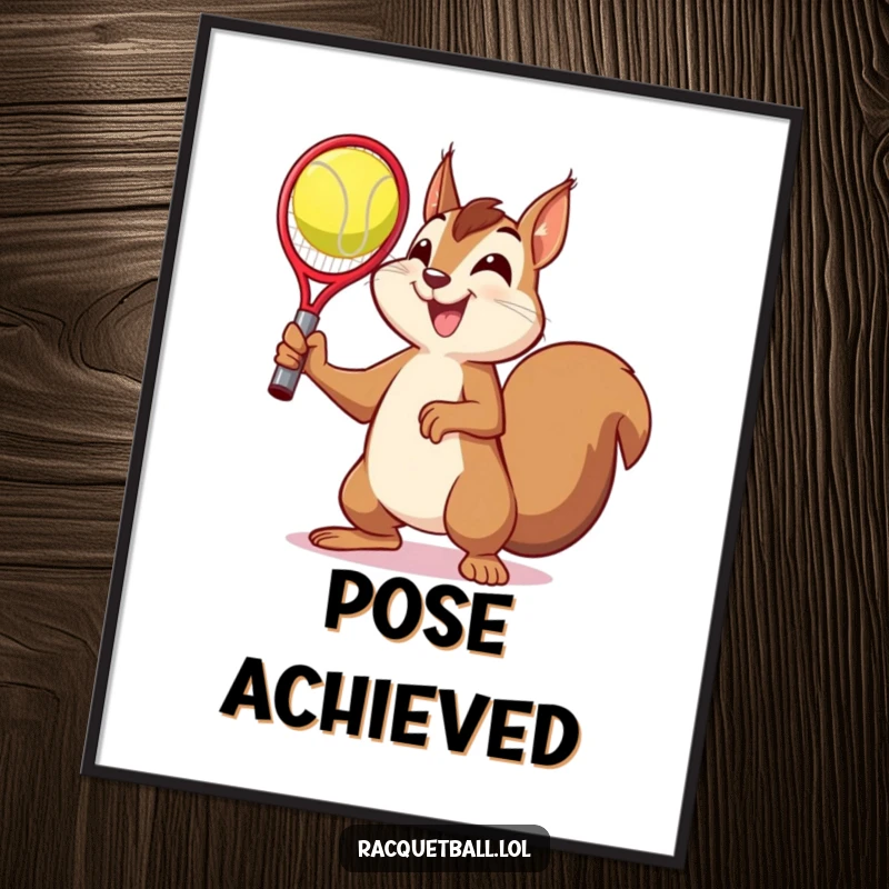 Funny digital art print of a squirrel striking a victory pose with a racquetball, a humorous and inspiring image for instant download.