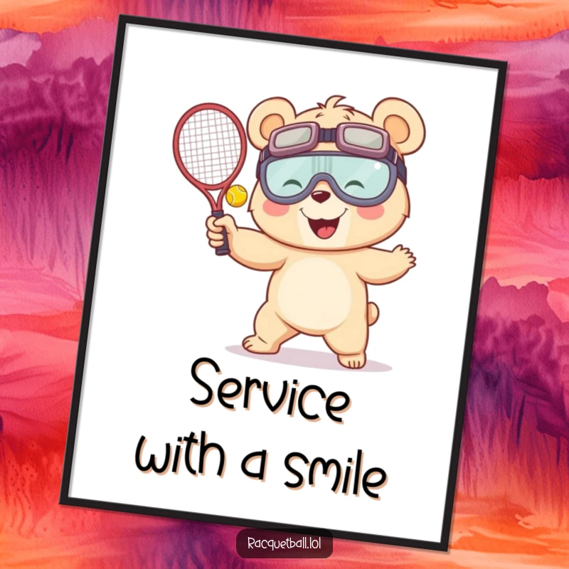 Funny digital art print of a giggling bear in oversized goggles executing a humorous racquetball serve, capturing a moment of athletic comedy.