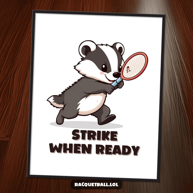 Funny badger tennis digital art print, a determined athlete lunging with a racquet, embodying intense focus and athletic prowess.
