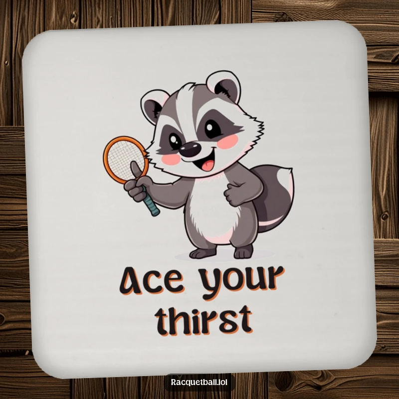 Funny badger drink coaster with a cheerful badger giving a thumbs up, holding a tennis racquet. Protects surfaces with humor.