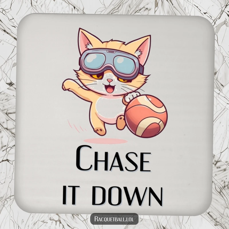 Funny drink coasters featuring a cat with oversized goggles enthusiastically chasing a fast-moving ball, bringing playful energy to tabletops.