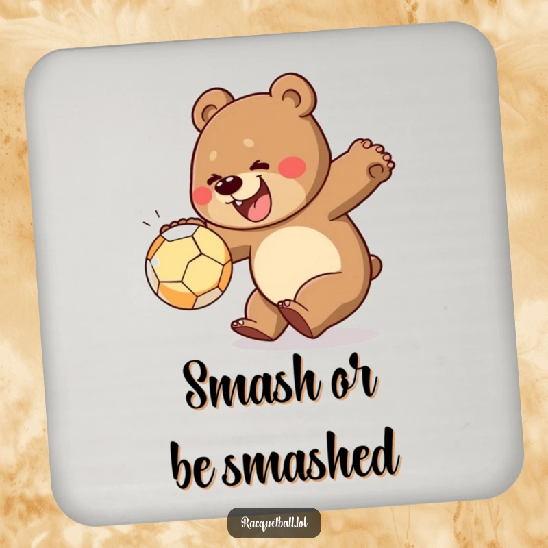 Funny drink coaster featuring a cheerful bear lunging to smash a ball, providing surface protection with a burst of energetic humor.