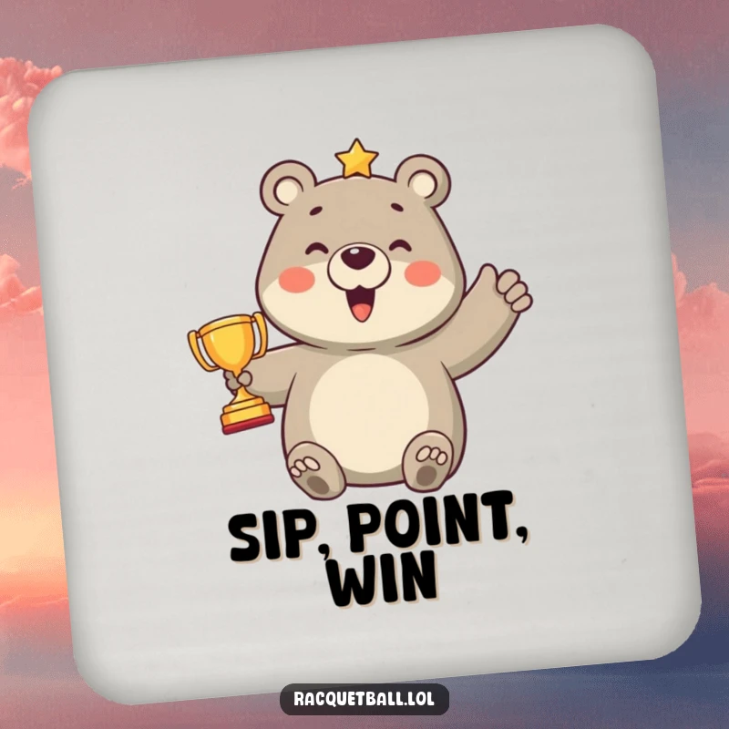 Funny drink coaster depicting a proud bear character holding a tiny trophy after scoring a point, adding a humorous sports celebration to any surface.