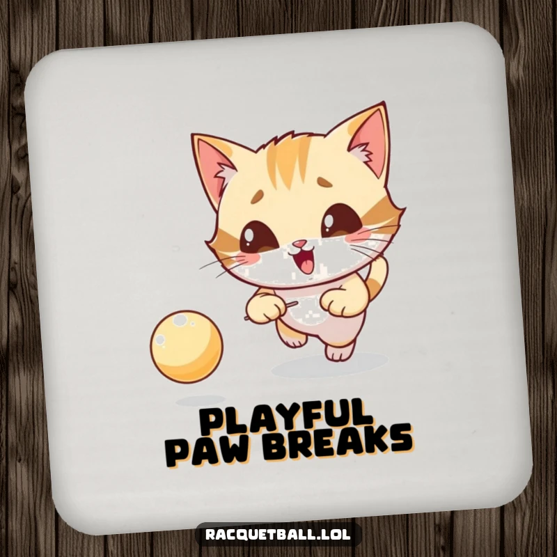 Funny drink coaster with a giggling cat character intensely focused on chasing a bouncing ball, surface protection.