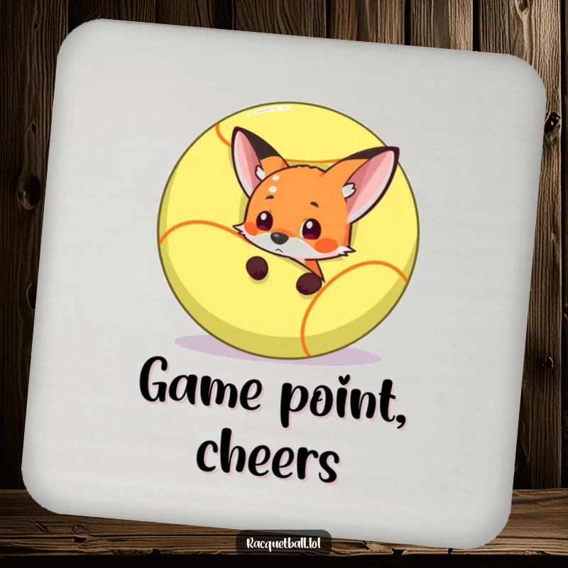 Funny fox ready to pounce from behind a giant racquetball, adding humorous flair to drink coasters.