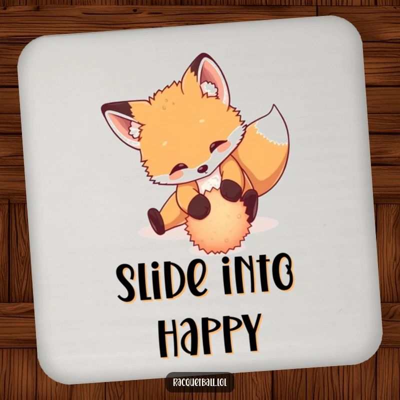 Funny drink coaster with a playful fox cub sliding dramatically to return a tiny, fuzzy ball, surface protection.