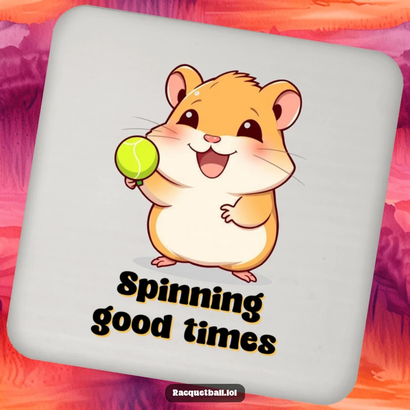 Funny hamster racquetball drink coaster featuring a joyful hamster spinning a ball, protecting surfaces with playful sports humor, an ideal funny gift.