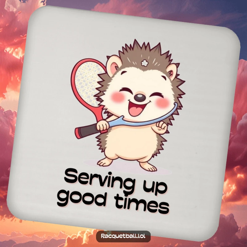 Funny coaster showcasing a small hedgehog giggling while wielding a comically oversized racquetball paddle, adding fun to drinks.