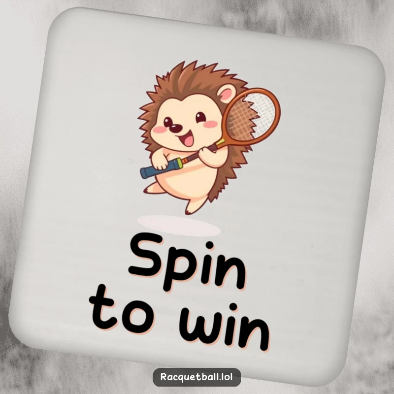 Funny hedgehog tennis coasters, a happy athlete spinning with a racquet, protecting surfaces with energetic flair.