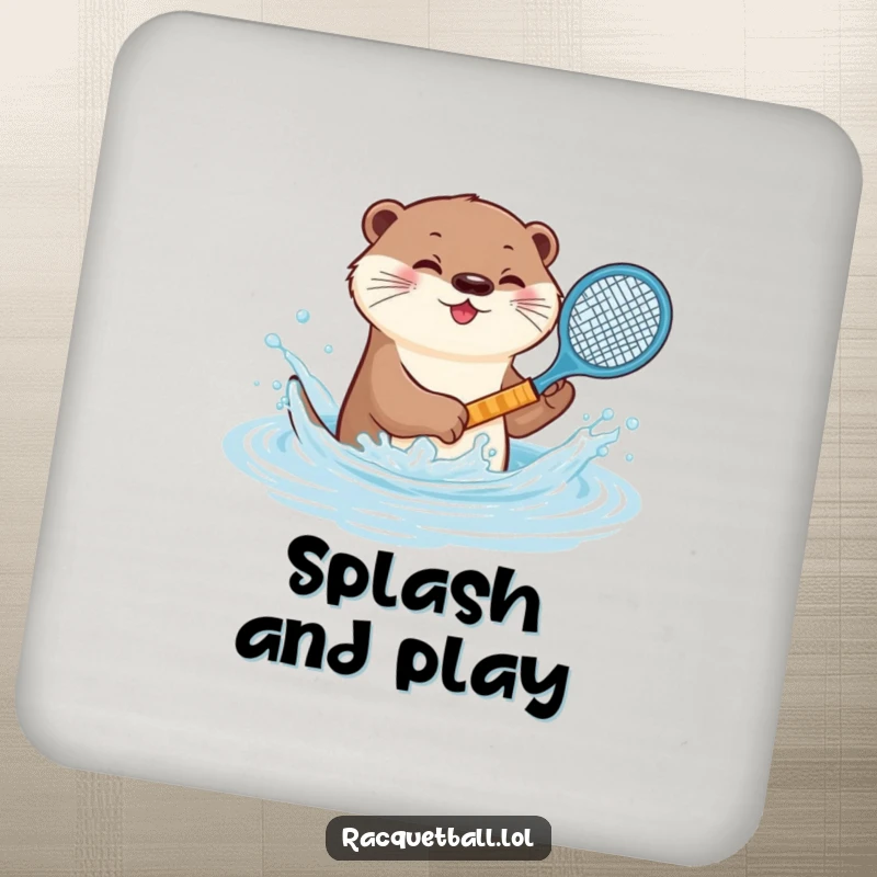 Funny otter tennis coasters, a playful animal splashing water with a miniature racquet, protecting surfaces with aquatic charm.