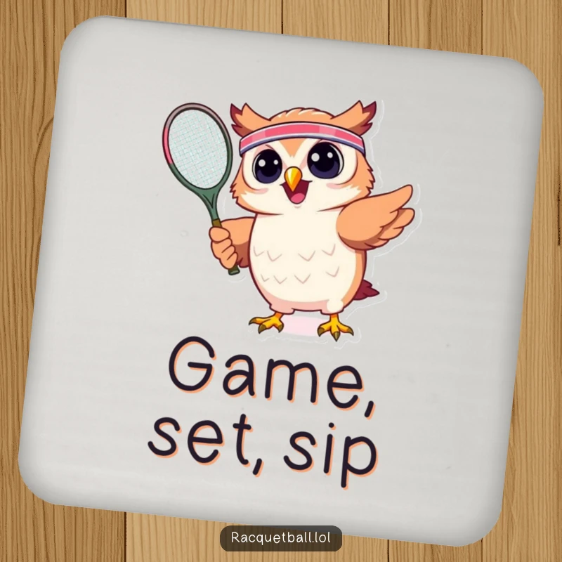Funny drink coaster depicting a cheerful owl wearing a headband and swinging a tennis racquet, adding humorous sports flair to any surface.