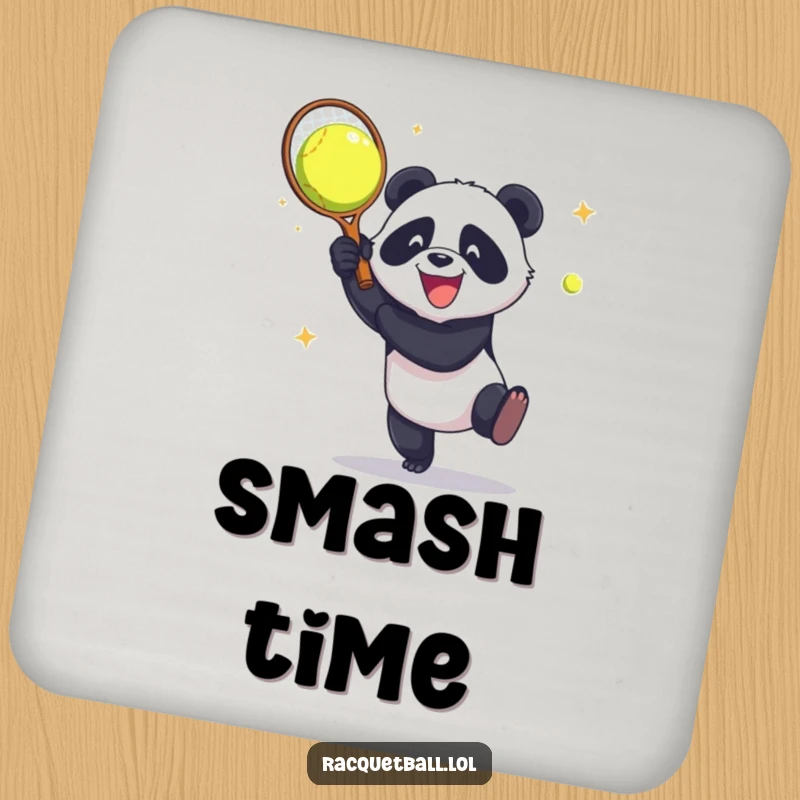 Funny Coaster: A panda aggressively smashes a racquetball against a wall with intense glee, protecting surfaces with a humorous touch.