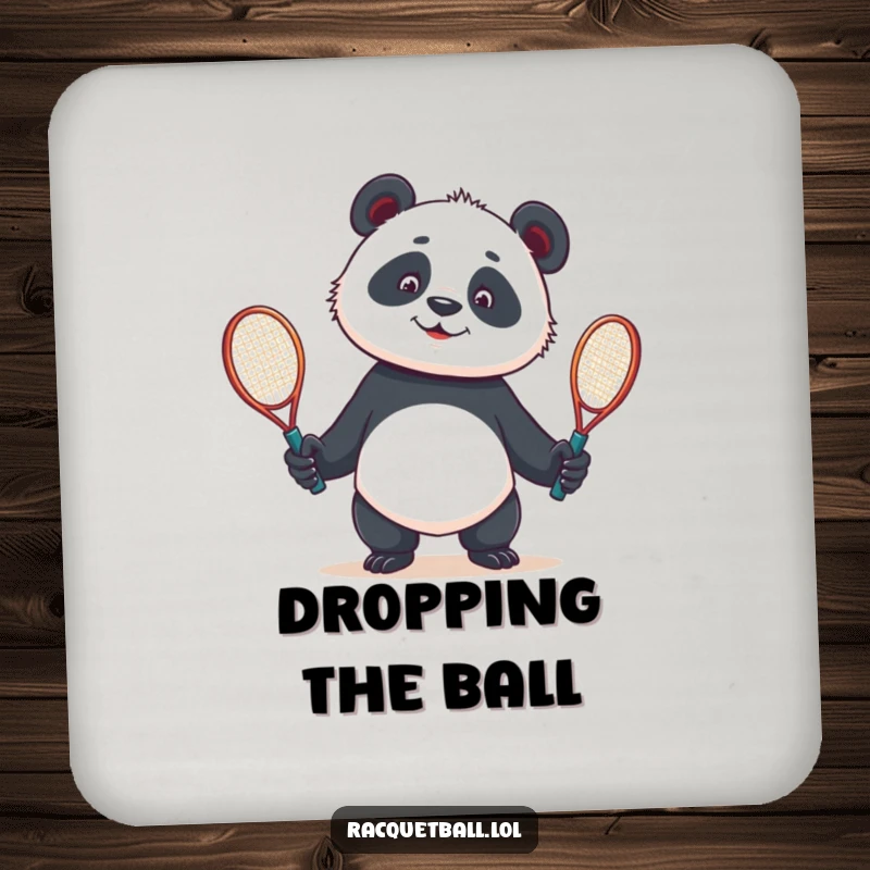 Funny drink coaster with a curious panda comically juggling two tennis racquets, safeguarding surfaces with humor.