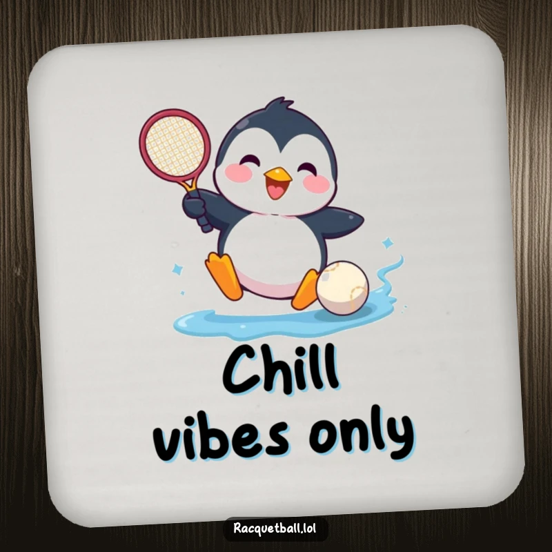 Funny drink coaster with a happy penguin comically sliding into a tennis ball, guarding your surfaces with humor.