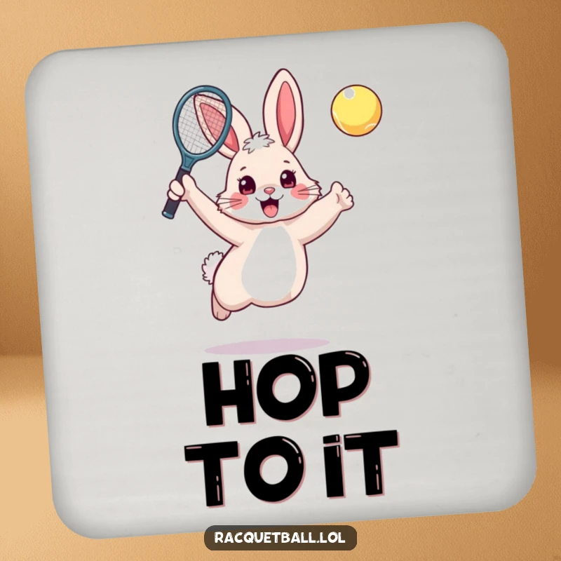 Funny rabbit tennis drink coaster featuring an excited, fluffy bunny leaping with a raised tennis racquet.