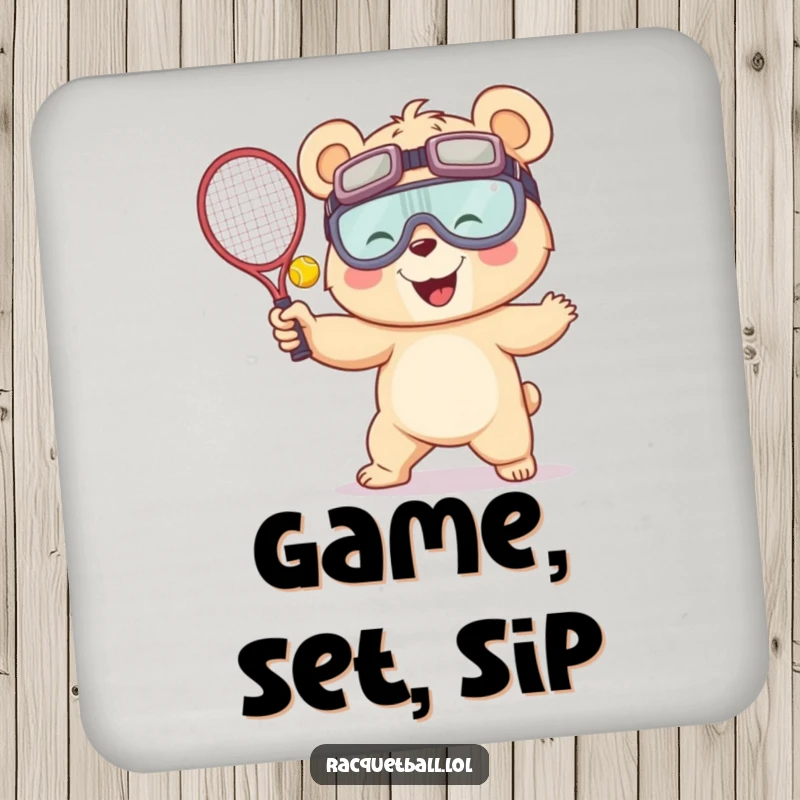 Funny drink coaster showcasing a giggling bear in oversized goggles in the motion of serving a racquetball, adding a humorous sporty element to table protection.