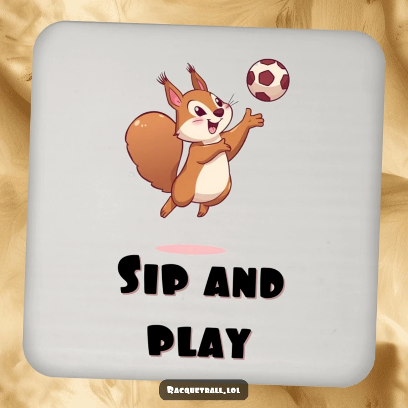 Funny coaster set featuring a determined squirrel leaping high, hitting a ball with a playful smile.
