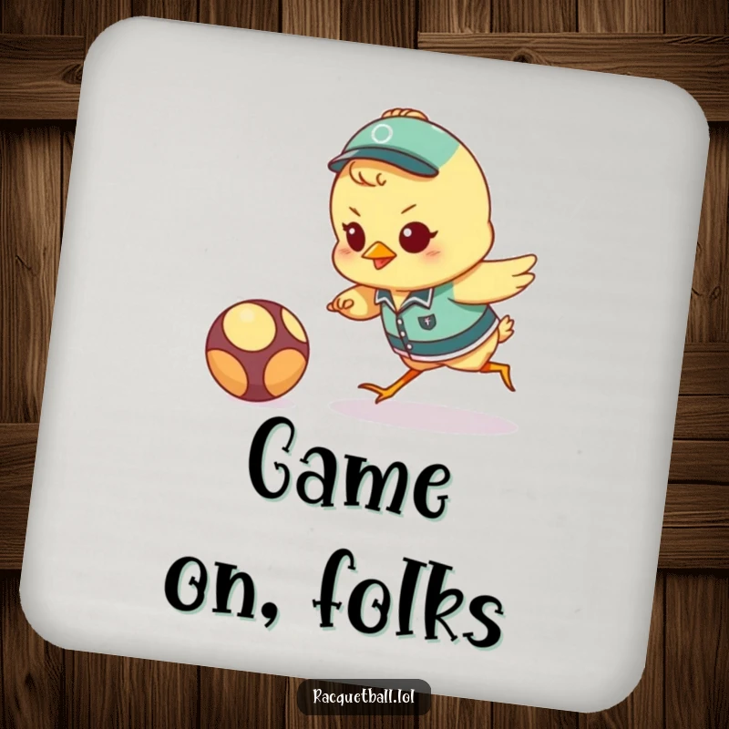 Funny chick sports coaster featuring a determined uniformed bird lunging for a ball, adding a touch of athletic humor to tables.