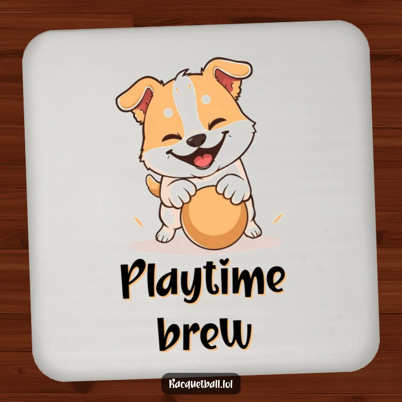 Funny drink coasters featuring a dog with a determined grin hitting a ball with a playful pounce, bringing playful energy to tabletops.