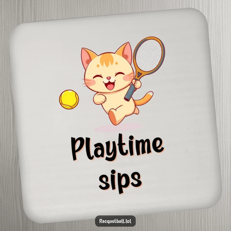 Funny Cat Tennis Drink Coaster featuring a happy cat bounding after a ball with a racquet, adding a sporty and humorous touch.