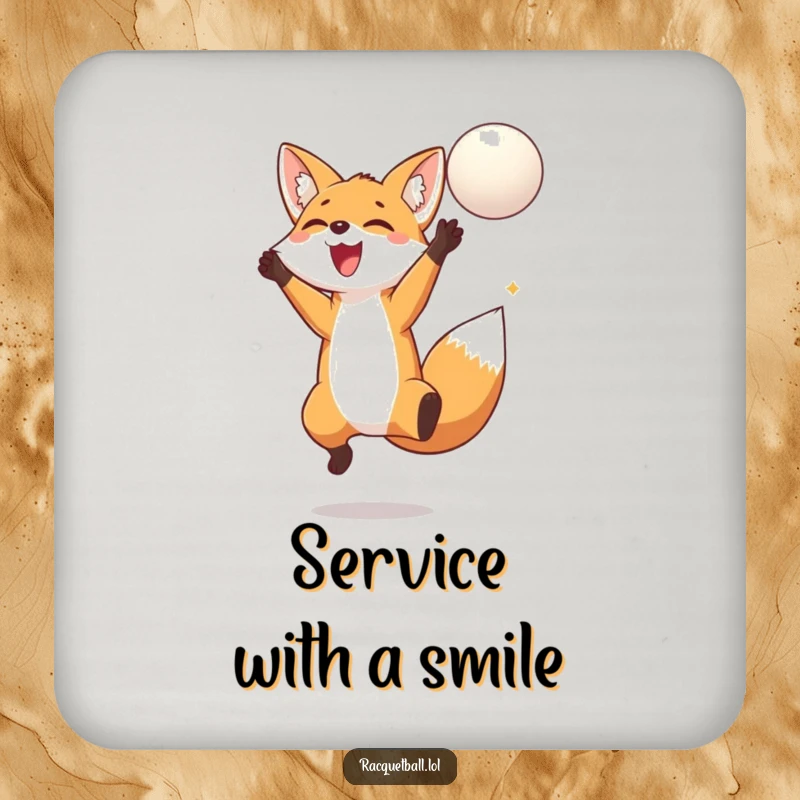 Funny fox jumping coaster showing a delighted fox leaping high to hit a floating ball, adding whimsical flair to your drinks.