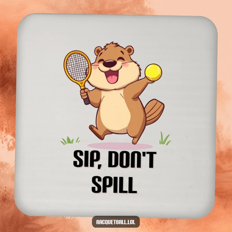 Funny drink coaster showcasing a happy beaver leaping with a racquetball paddle, ready to strike a bouncing ball with glee.