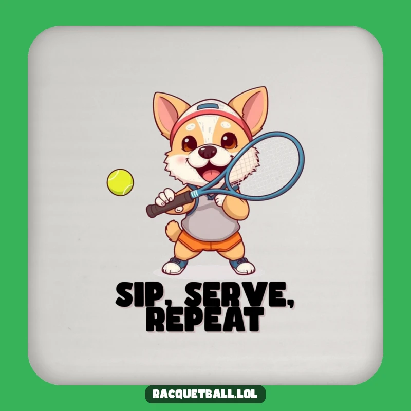 Funny Dog Tennis Coaster: Determined Pup Smashes Ball, Table Protector Funny Gift