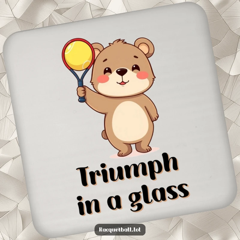 Funny Coaster: Curious bear character triumphantly holding a tiny racquetball, bringing sports humor to table protection.