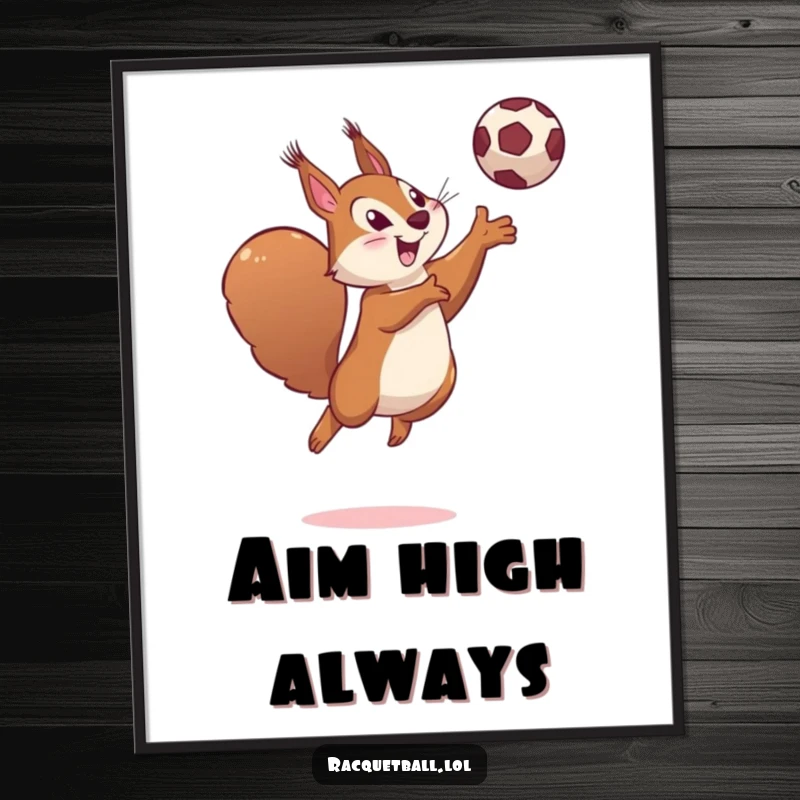 Funny poster art of a determined squirrel leaping high in the air, hitting a ball with a playful smile.