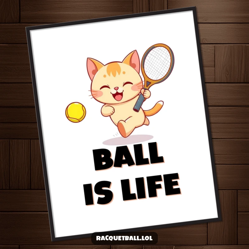 Funny Cat Tennis Poster featuring a happy cat bounding after a brightly colored ball with a racquet, perfect for play areas.