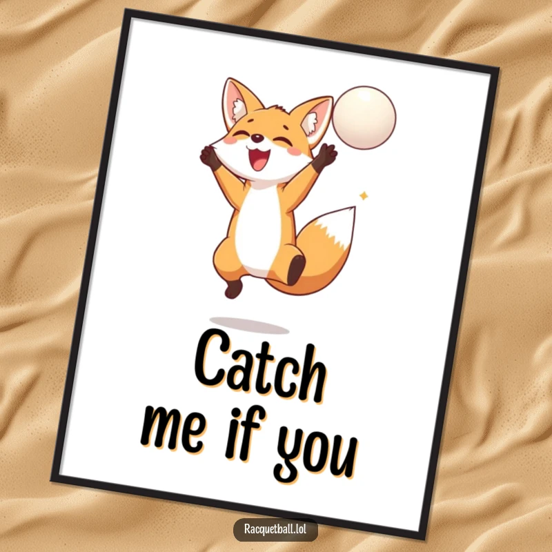Funny fox jumping poster capturing a delighted fox leaping high to hit a floating ball, embodying pure joy and active fun.
