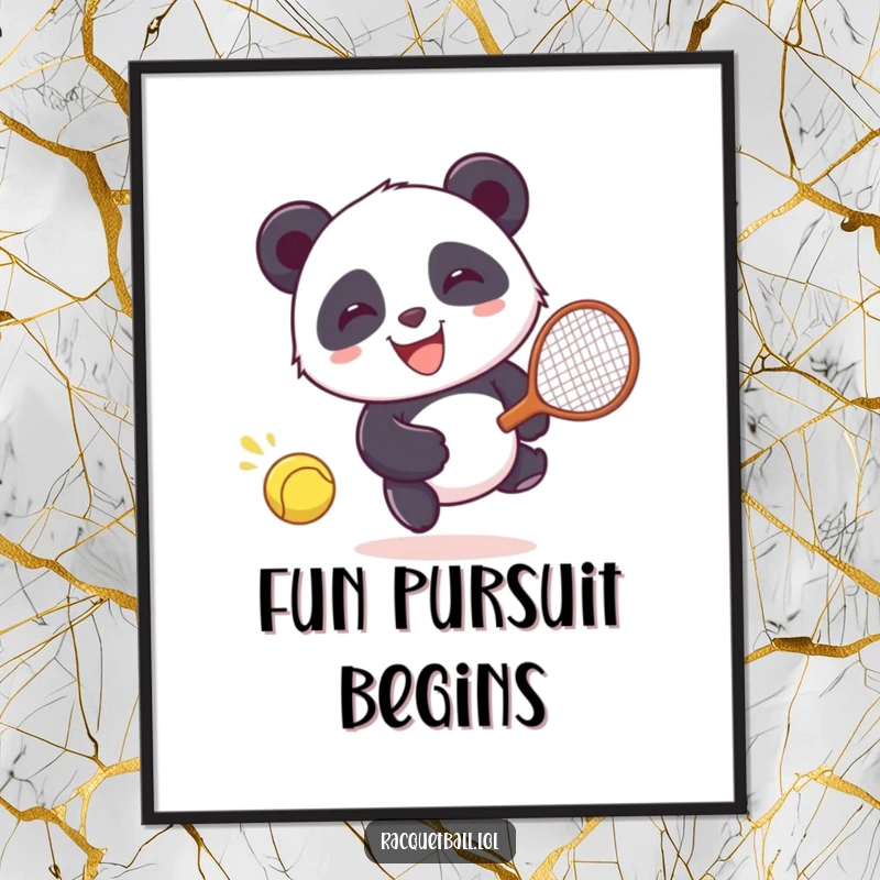 Funny Poster: Giggling panda character happily chasing a runaway racquetball, vibrant and humorous wall art.