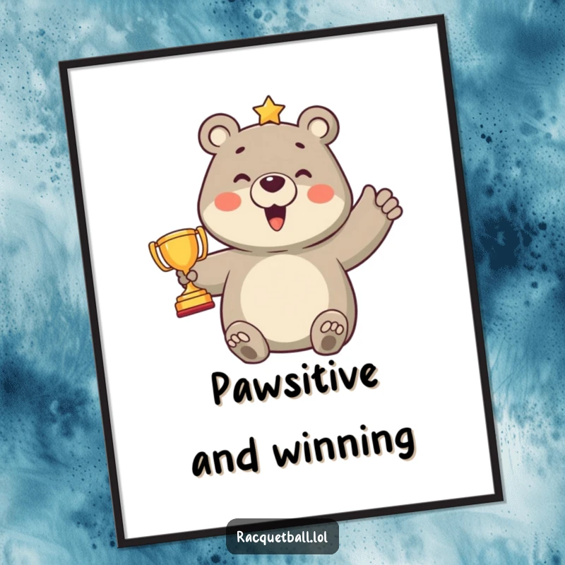 Funny poster showcasing an elated bear holding a comically small trophy after scoring a point, perfect for adding humorous sports-themed decor.