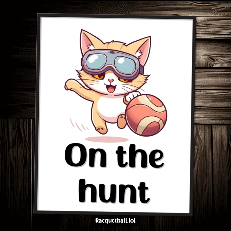 Funny poster art of a cat in oversized goggles, enthusiastically chasing a fast-moving ball, capturing dynamic feline action.