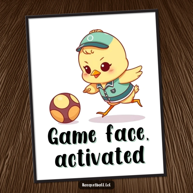 Funny chick athlete poster depicting a small uniformed bird lunging dynamically for a ball, bringing energetic sports humor to walls.