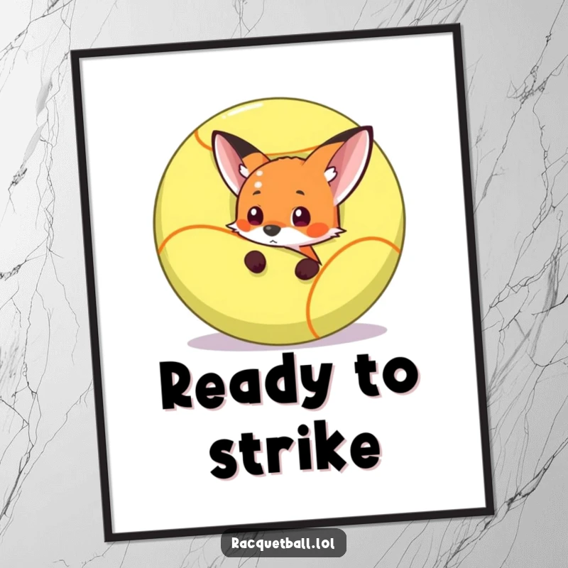 Funny fox peeking from behind a giant racquetball, poised to play, as funny wall art for sports enthusiasts.