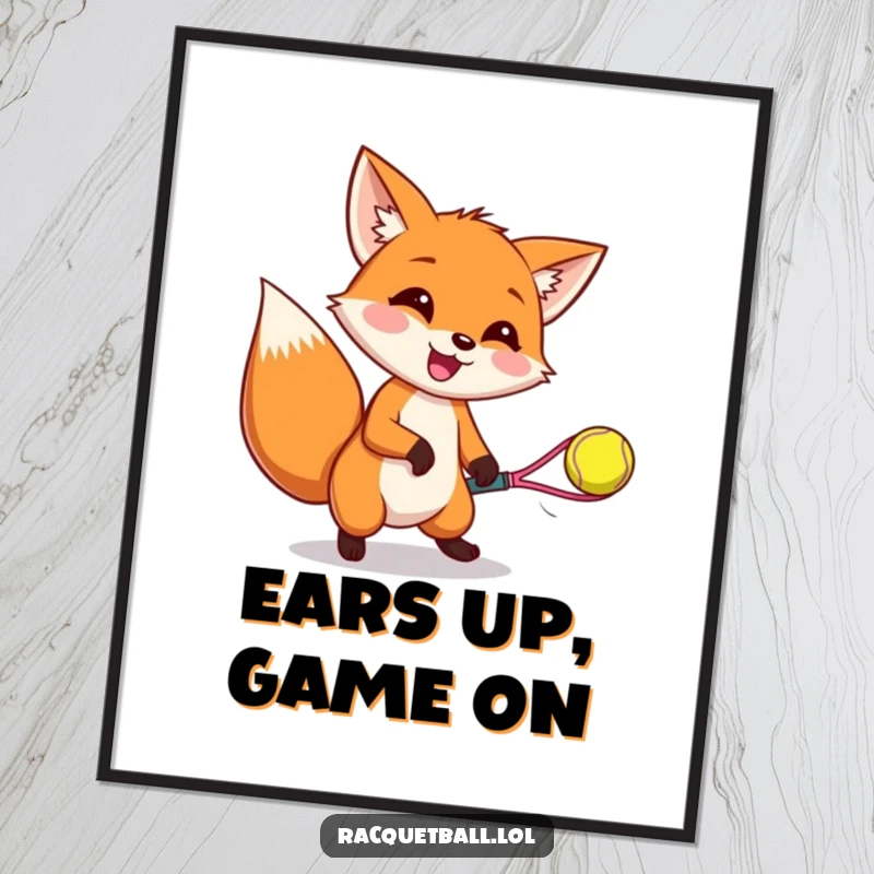 Funny poster featuring a delighted fox catching a bouncing racquetball, ears wiggling, expressing pure gaming bliss and athletic prowess.