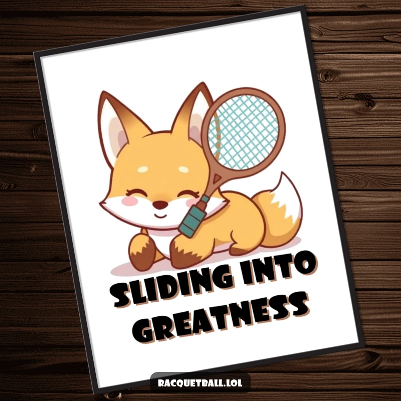 Funny Fox Slide Poster featuring a smiling fox sliding on its belly with a racquet aimed forward, perfect for action-oriented spaces.