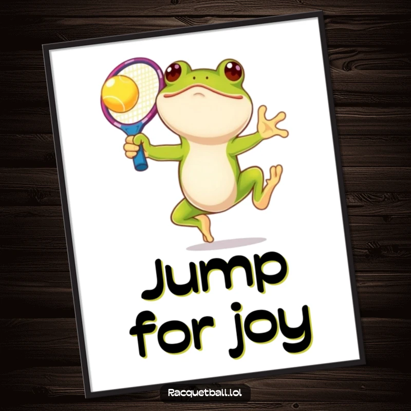 Funny frog tennis poster, a smiling amphibian leaping with an oversized, colorful racquet, capturing dynamic movement and joyful play.