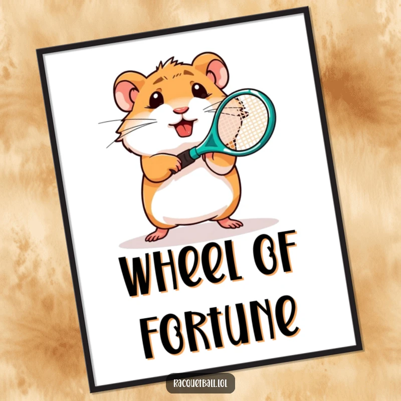 Funny poster art of a determined hamster character swinging a miniature plastic tennis racquet, sports enthusiasm.