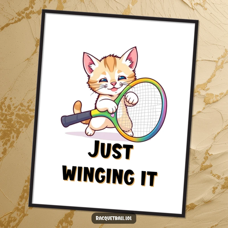 Funny kitten racquet poster depicting a playful cat comically tripping over a giant colorful tennis racquet, ideal for humorous wall decor.